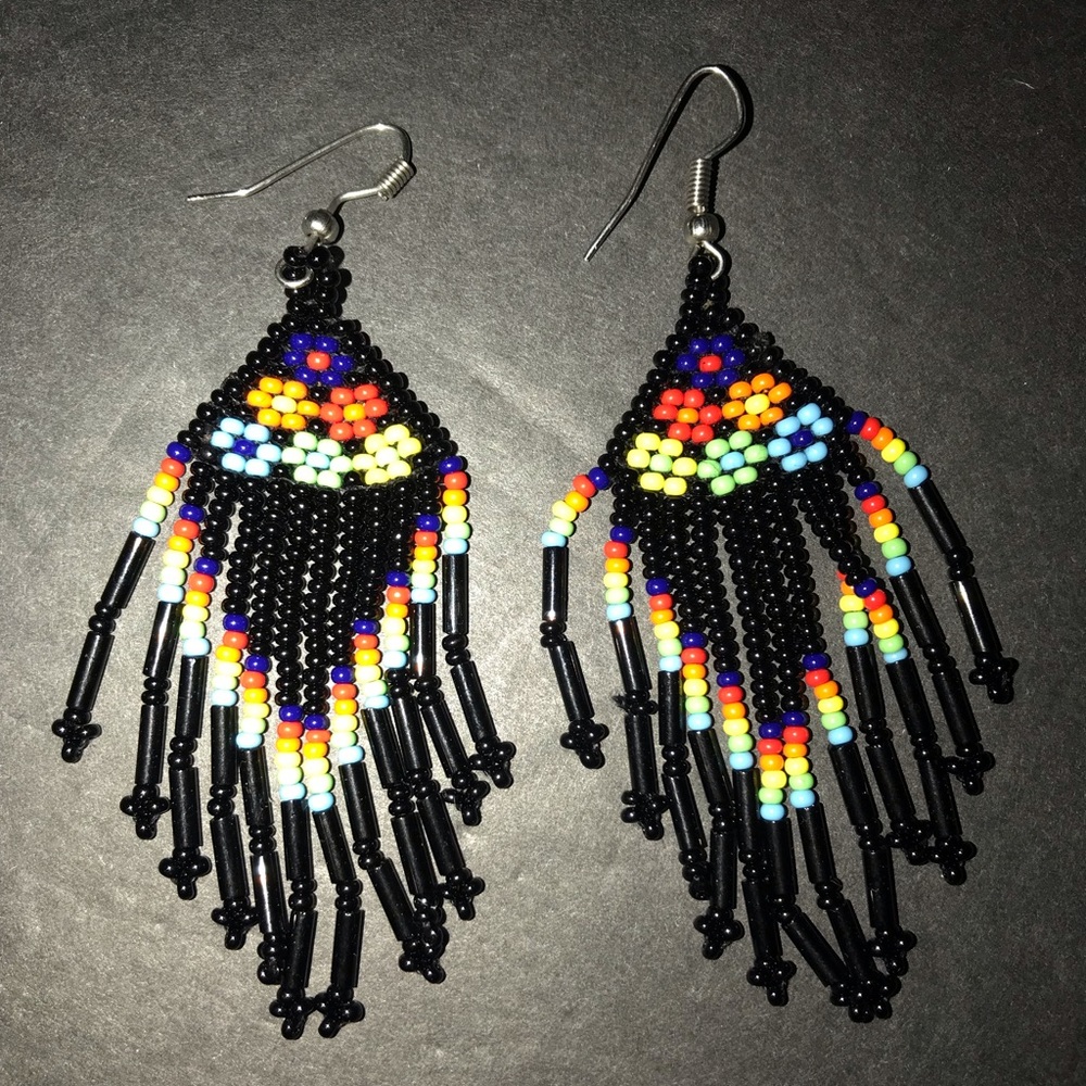Black/Multicolored Dangling Fringe Bead Handmade Mexican Boho Folk Art Earrings
